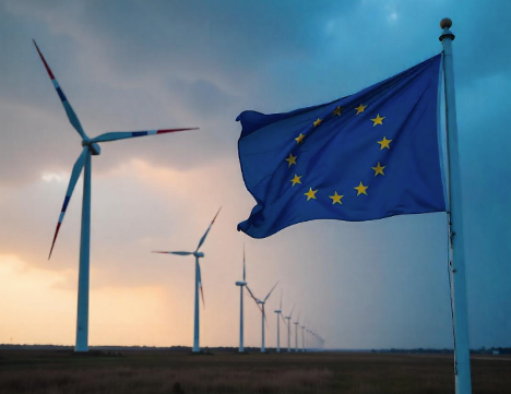 The European Flag Stands and the Wind Turbines 